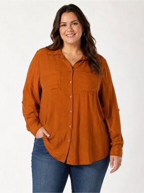 CATO WOMENS BURNT ORANGE BUTTON UP  LONG TAB SLEEVE TOP SIZE XL